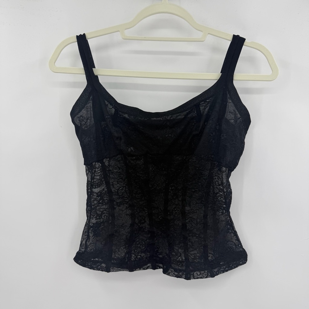 On Gossamer Womens Black Floral Lace Corset Style Camisole Top Sheer Size Large